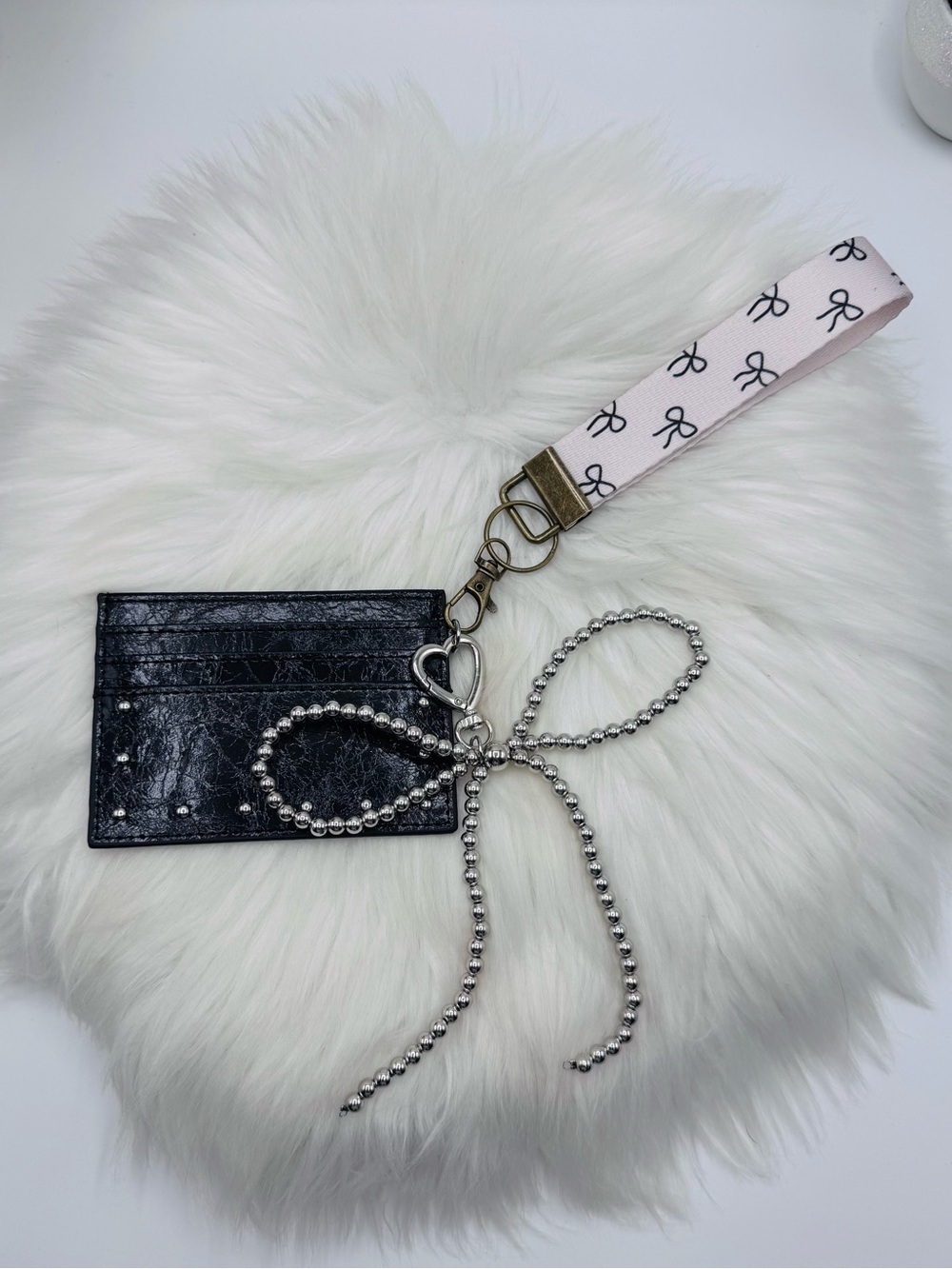 Black Studded Card Holder Wallet w/ Wristlet Strap & Beaded Charm